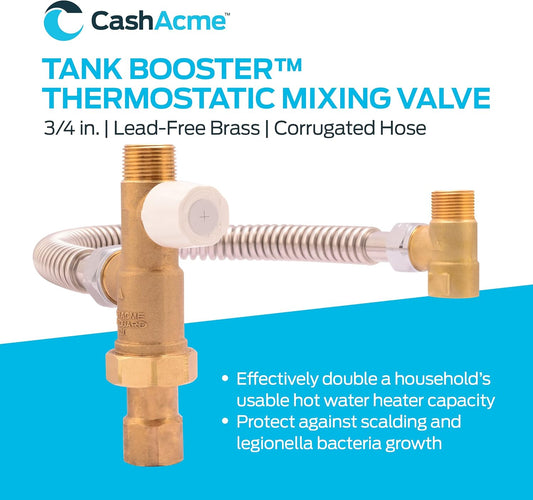 Cash Acme 3/4 Inch Tank Booster Water Heater Thermostatic Mixing Valve with Corrugated Hose, PEX Pipe, PE-RT, CPVC, Copper, 24409